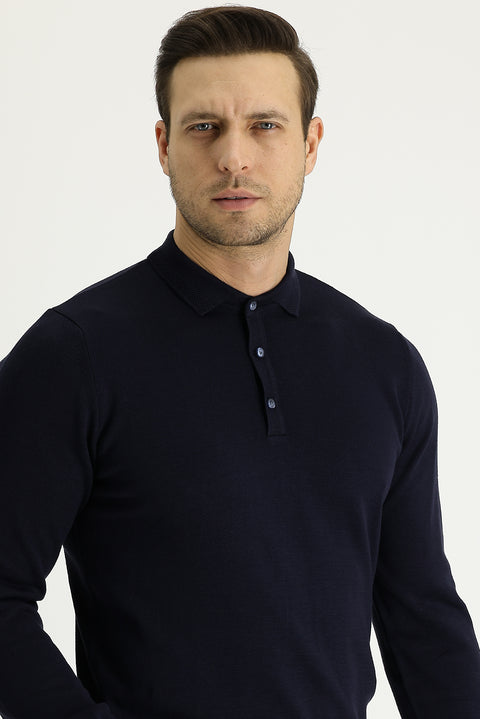Dark Navy Polo Collar Regular Fit Knitted Sweater