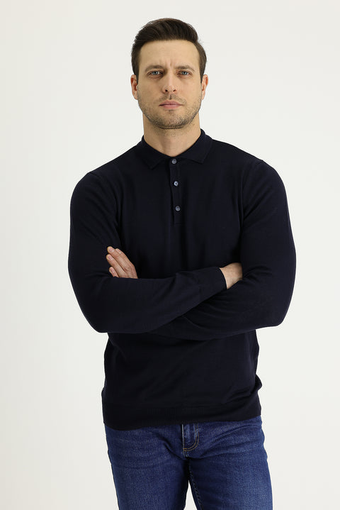 Dark Navy Polo Collar Regular Fit Knitted Sweater