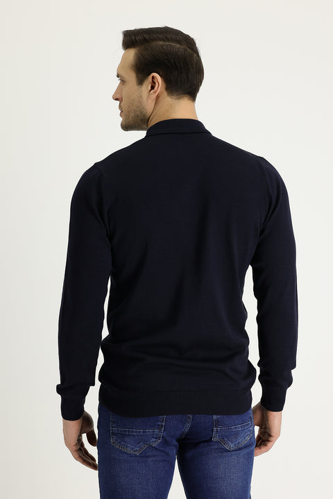 Dark Navy Polo Collar Regular Fit Knitted Sweater