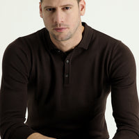Dark Brown Polo Collar Regular Fit Knitted Sweater
