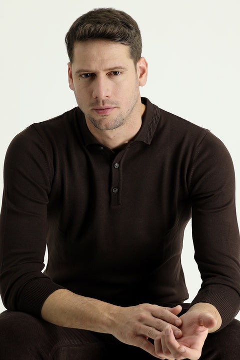 Dark Brown Polo Collar Regular Fit Knitted Sweater