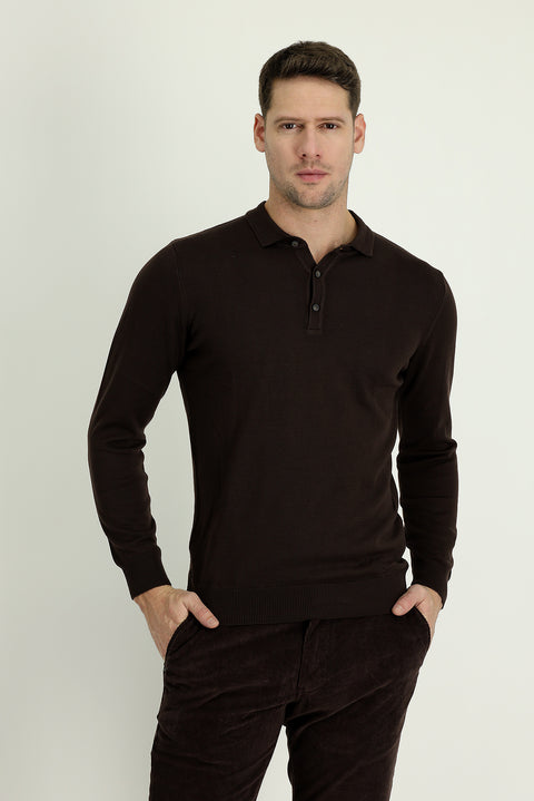 Dark Brown Polo Collar Regular Fit Knitted Sweater