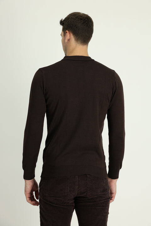 Dark Brown Polo Collar Regular Fit Knitted Sweater