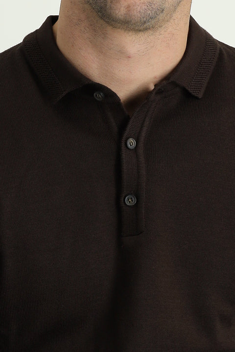 Dark Brown Polo Collar Regular Fit Knitted Sweater