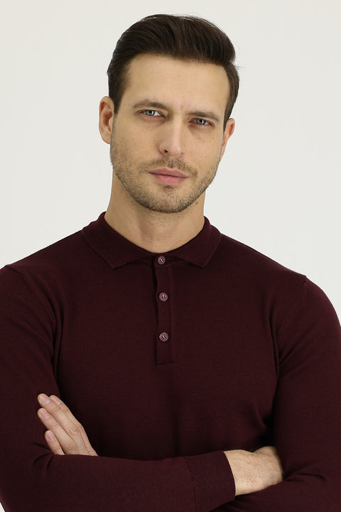 Koyu Bordo Polo Yaka Regular Fit Pamuklu Triko Kazak