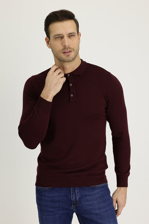 Koyu Bordo Polo Yaka Regular Fit Pamuklu Triko Kazak