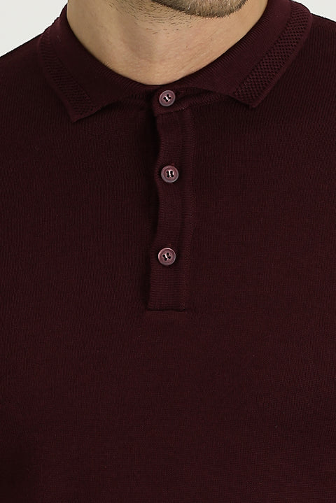 Koyu Bordo Polo Yaka Regular Fit Pamuklu Triko Kazak