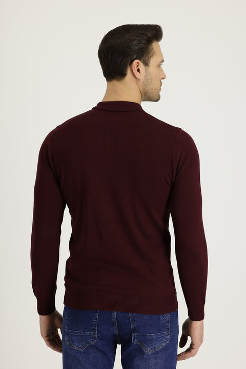Koyu Bordo Polo Yaka Regular Fit Pamuklu Triko Kazak