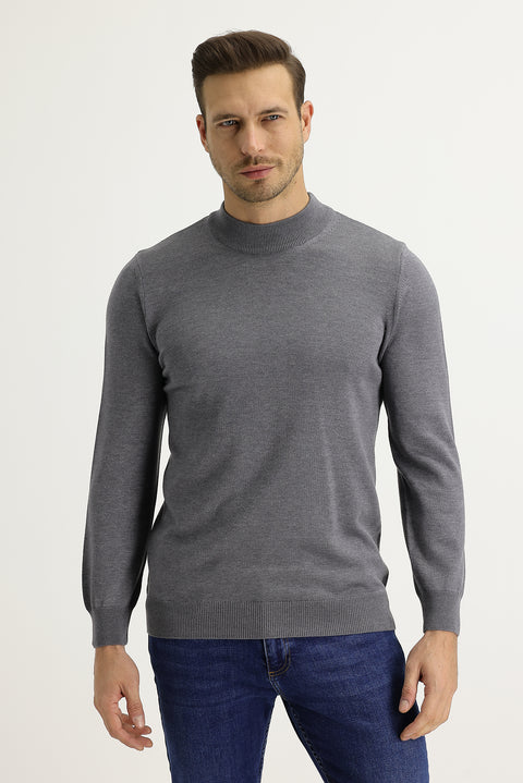 Medium Grey Melange Half Turtleneck Regular Fit Knit Sweater