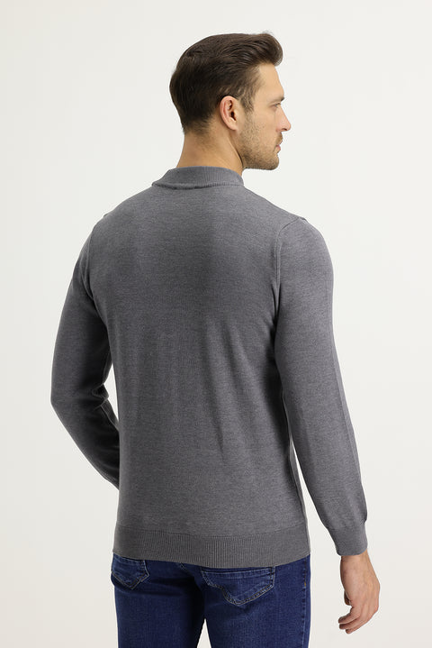 Medium Grey Melange Half Turtleneck Regular Fit Knit Sweater