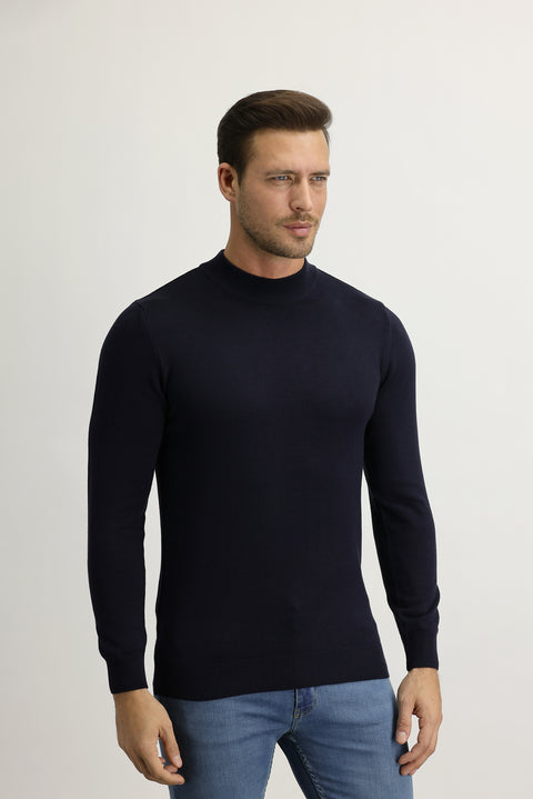 Dark Navy Semi-Turtleneck Regular Fit Knitted Sweater