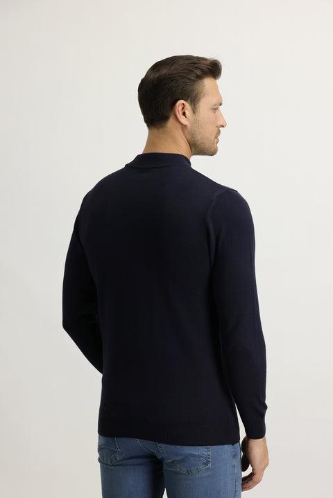 Dark Navy Semi-Turtleneck Regular Fit Knitted Sweater
