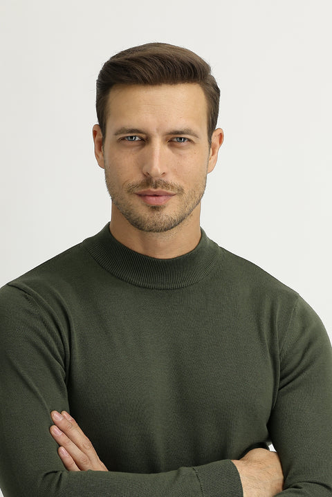 Light Khaki Half Turtleneck Regular Fit Knitted Sweater