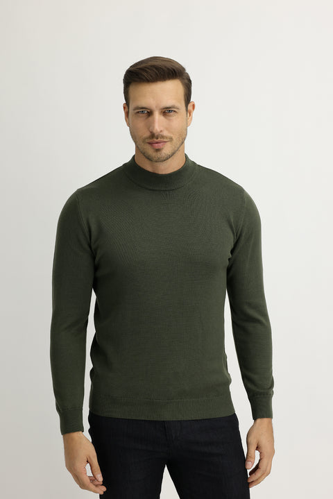 Light Khaki Half Turtleneck Regular Fit Knitted Sweater