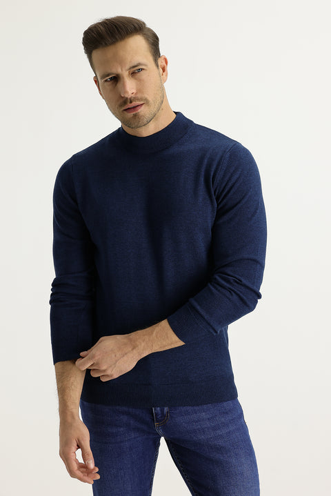 Medium Petrol Half Turtleneck Regular Fit Knit Sweater