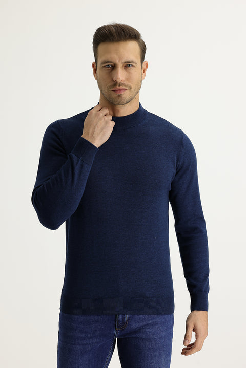 Medium Petrol Half Turtleneck Regular Fit Knit Sweater