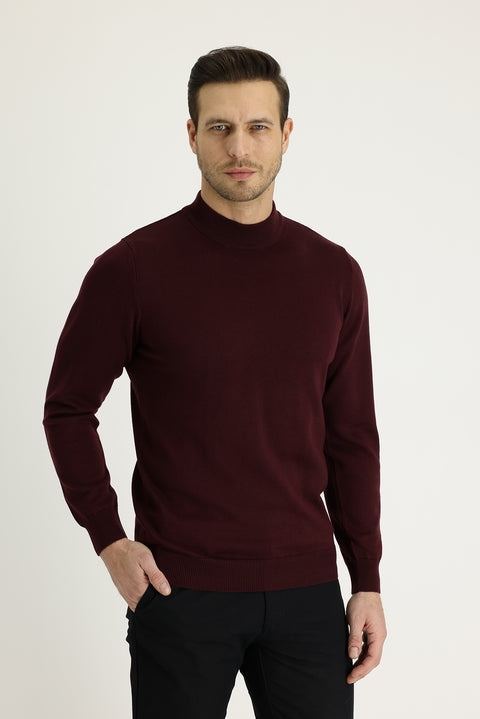 Dark Burgundy Half Turtleneck Regular Fit Knitted Sweater