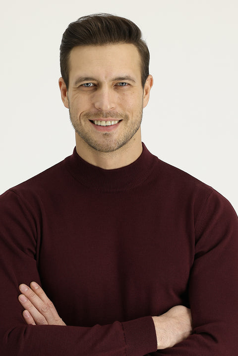 Dark Burgundy Half Turtleneck Regular Fit Knitted Sweater