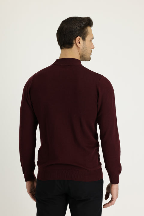Dark Burgundy Half Turtleneck Regular Fit Knitted Sweater