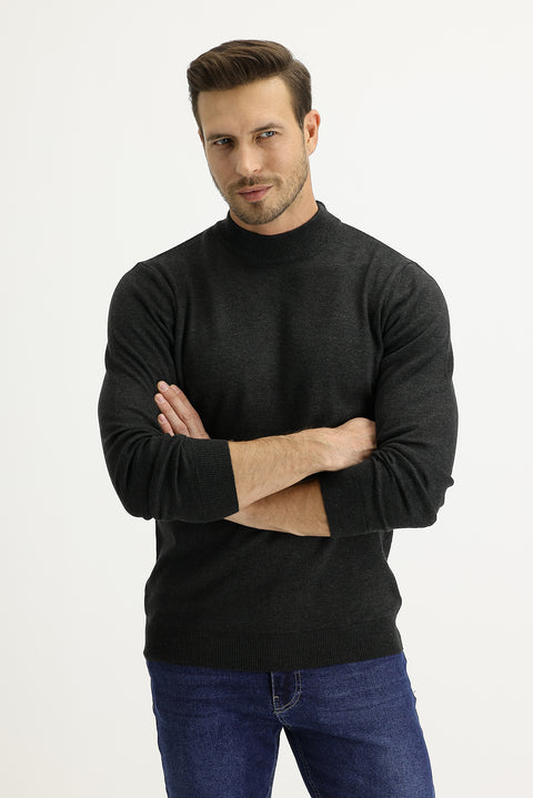 Dark Anthracite Semi-Turtleneck Regular Fit Knit Sweater