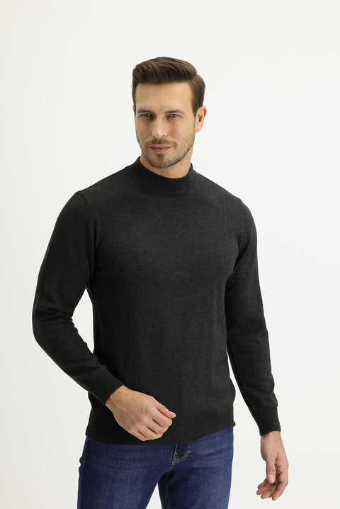 Dark Anthracite Semi-Turtleneck Regular Fit Knit Sweater