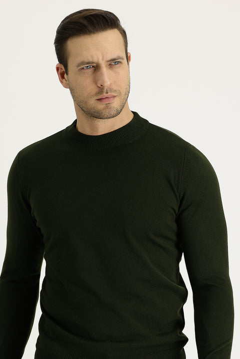 Medium Khaki Half Turtleneck Regular Fit Knitted Sweater