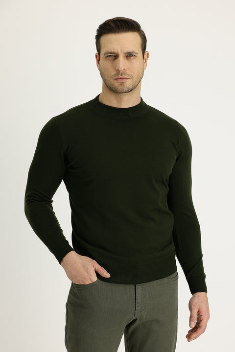 Medium Khaki Half Turtleneck Regular Fit Knitted Sweater