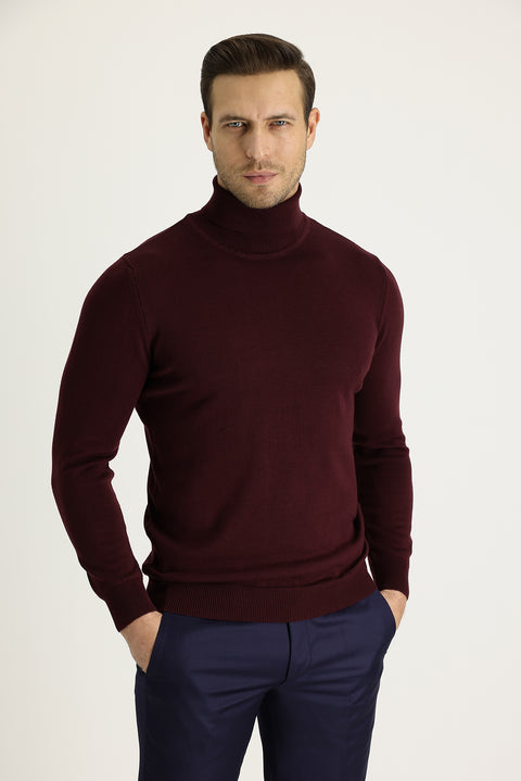 Koyu Bordo Balıkçı Yaka Regular Fit Triko Kazak