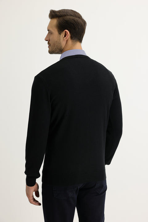 Siyah V Yaka Regular Fit Triko Kazak