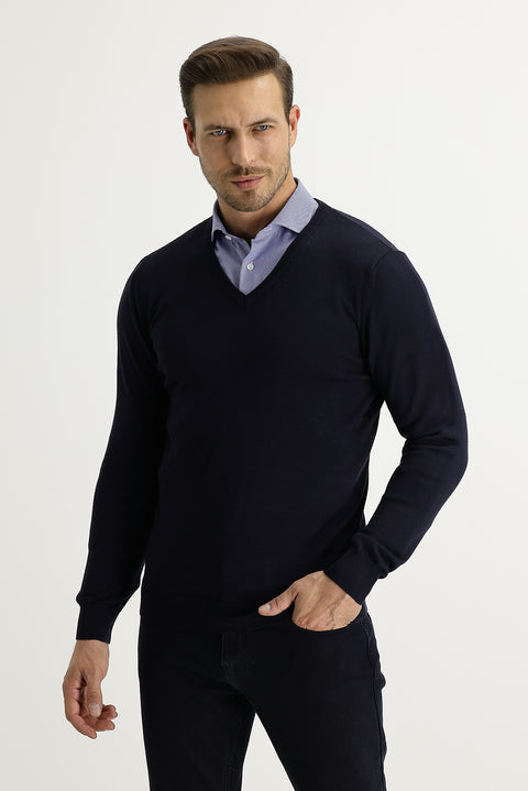 Dark Navy V-Neck Regular Fit Knitted Sweater
