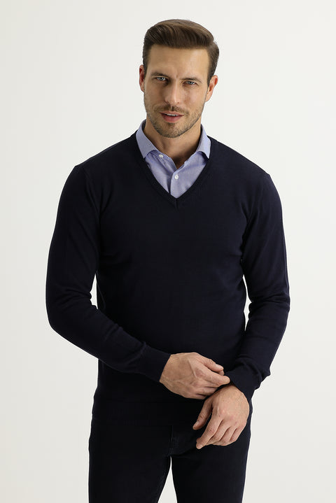 Dark Navy V-Neck Regular Fit Knitted Sweater