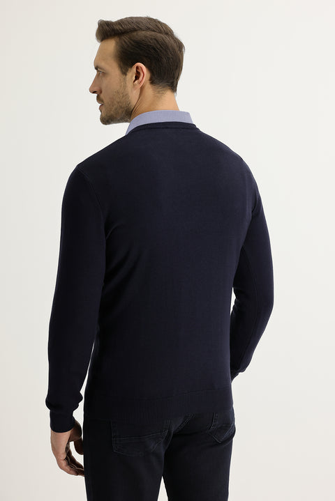 Dark Navy V-Neck Regular Fit Knitted Sweater