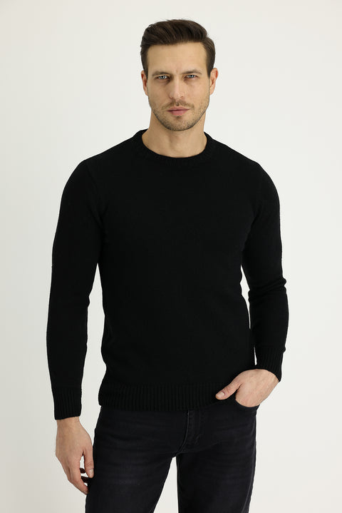 Black Crew Neck Slim Fit Narrow Cut Wool Knit Sweater
