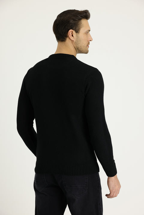 Black Crew Neck Slim Fit Narrow Cut Wool Knit Sweater