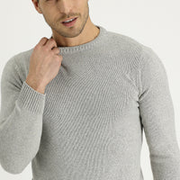 Medium Grey Crew Neck Slim Fit Narrow Cut Wool Knit Sweater