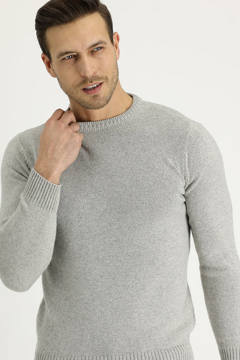 Medium Grey Crew Neck Slim Fit Narrow Cut Wool Knit Sweater