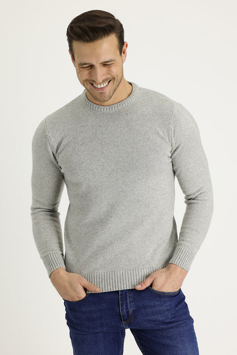 Medium Grey Crew Neck Slim Fit Narrow Cut Wool Knit Sweater