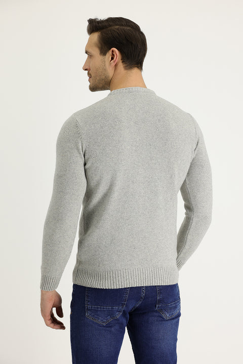 Medium Grey Crew Neck Slim Fit Narrow Cut Wool Knit Sweater