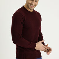 Wine Burgundy Crew Neck Slim Fit Narrow Cut Wool Knit Sweater