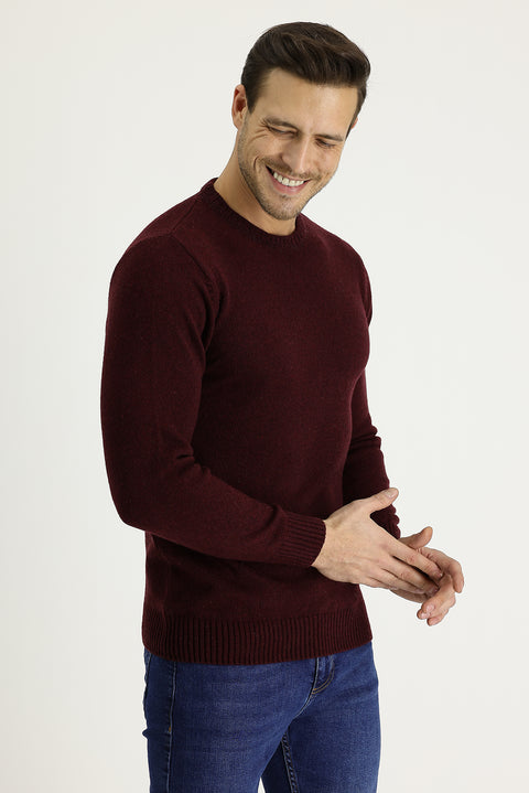 Wine Burgundy Crew Neck Slim Fit Narrow Cut Wool Knit Sweater