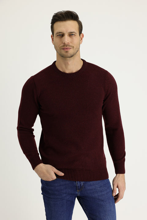 Wine Burgundy Crew Neck Slim Fit Narrow Cut Wool Knit Sweater
