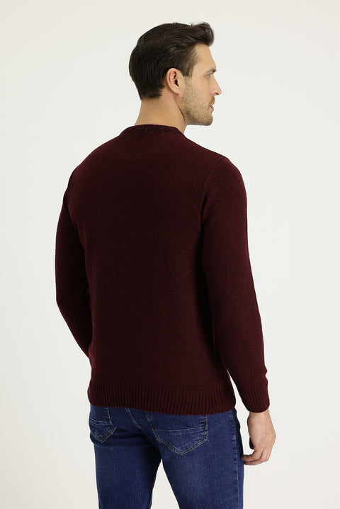 Wine Burgundy Crew Neck Slim Fit Narrow Cut Wool Knit Sweater