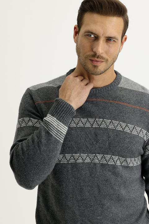 Medium Gray Crew Neck Regular Fit Wool Knit Sweater