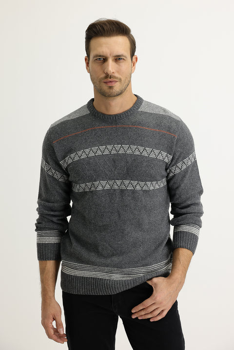 Medium Gray Crew Neck Regular Fit Wool Knit Sweater