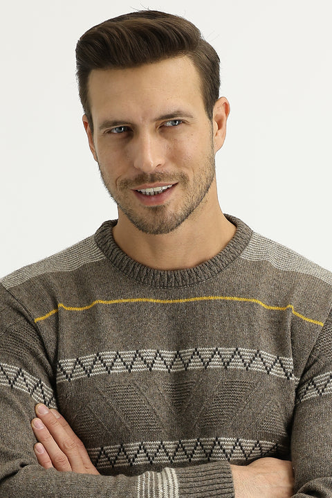 Medium Brown Crew Neck Regular Fit Wool Knit Sweater