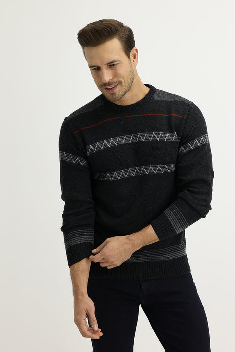 Medium Anthracite Crew Neck Regular Fit Wool Knit Sweater