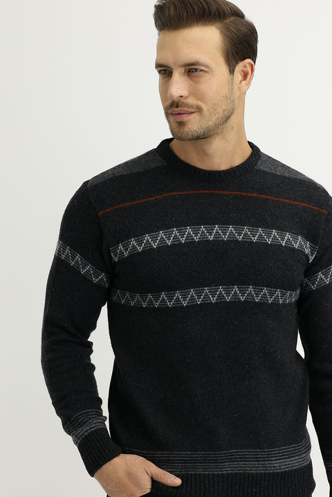 Medium Anthracite Crew Neck Regular Fit Wool Knit Sweater