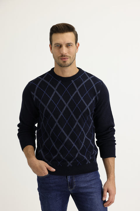 Medium Navy Crew Neck Wool Regular Fit Knit Sweater