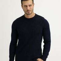 Medium Navy Crew Neck Slim Fit Narrow Cut Wool Knit Sweater