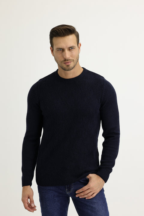 Medium Navy Crew Neck Slim Fit Narrow Cut Wool Knit Sweater